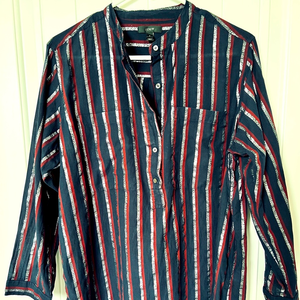 Striped Navy/Burgundy/Lurex Cotton Shirt with Mandarin Collar from J.Crew